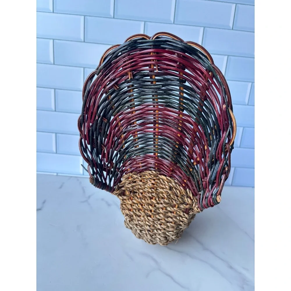 Vintage Woven Wicker Turkey Basket Thanksgiving Decor Centerpiece Multicolored
